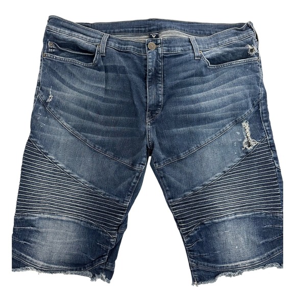 True Religion Men's Denim Moto Shorts Size 42 Distressed Frayed Hem Streetwear - Picture 1 of 14
